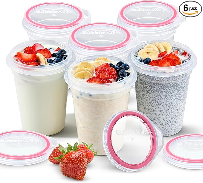 JoyPlus Overnight Oats Containers with Lids Plastic (Pink) - Meal Prep Containers Reusable for Food Storage – 16oz Jars for Breakfast, Snacks, and Lunch