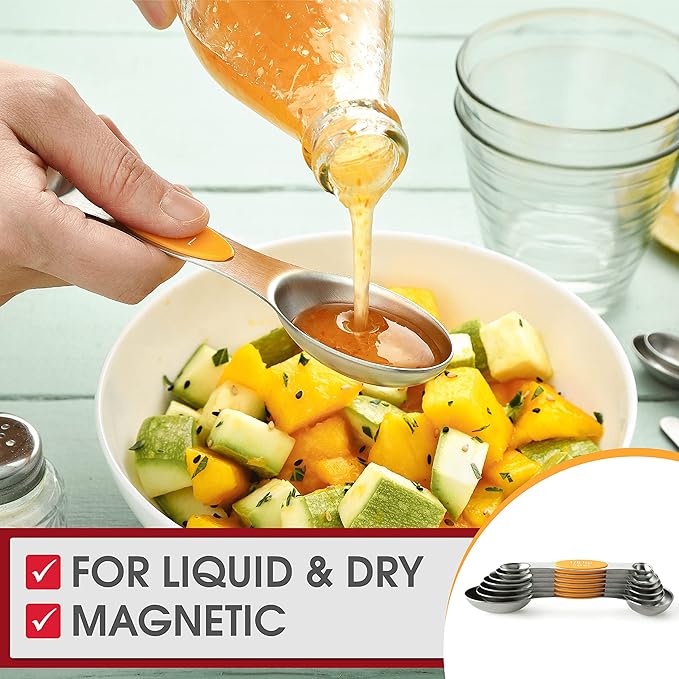 Spring Chef Stainless Steel Magnetic Measuring Spoons Set of 8 with Leveler, Dual Sided Metal Teaspoon & Tablespoon Measuring Spoons, Kitchen Gadgets for Baking & Cooking, Fits in Spice Jars - Mango