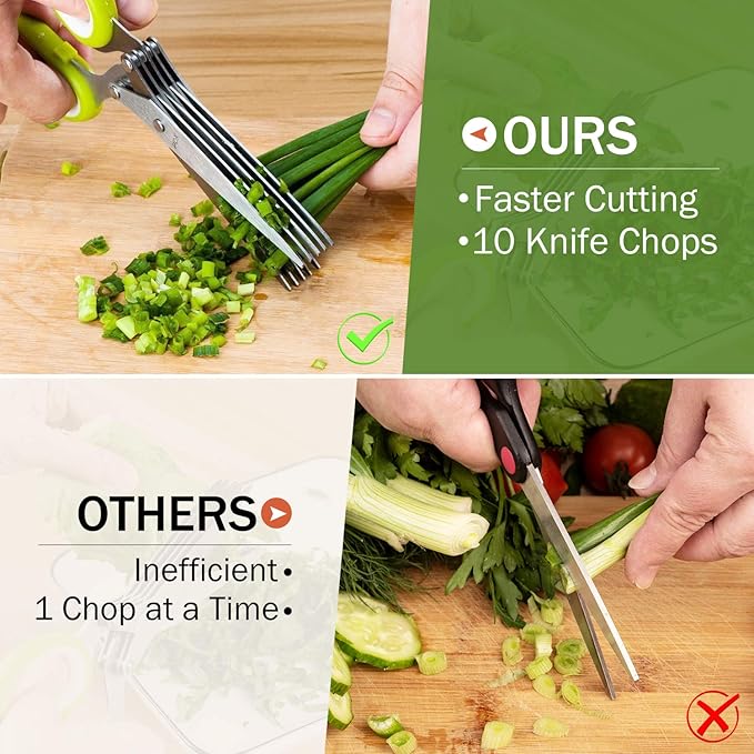 Herb Scissors, X-Chef Multipurpose 5 Blade Kitchen Herb Shears Herb Cutter with Safety Cover and Cleaning Comb for Chopping Basil Chive Parsley (Green)