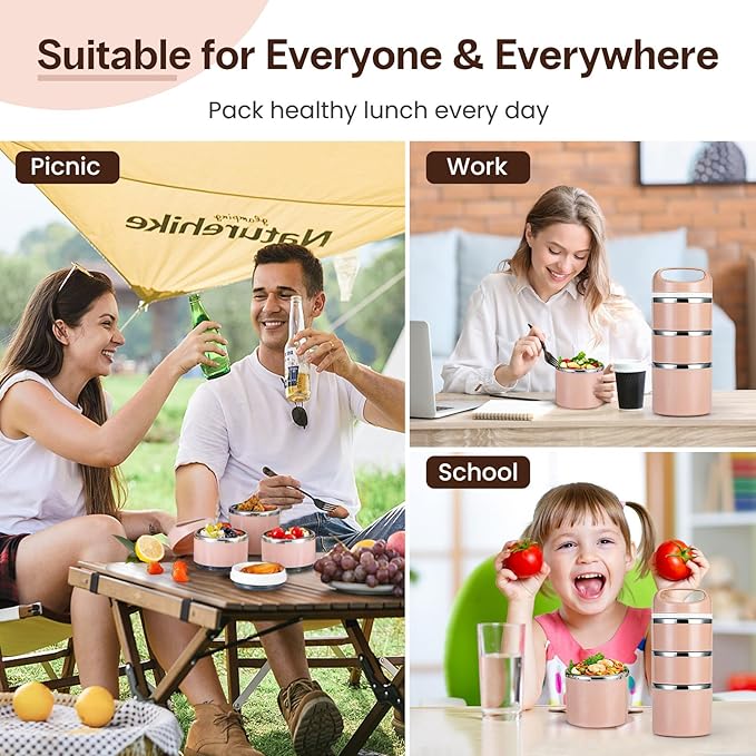 Lille Home Stackable Stainless Steel Lunch Containers, 43OZ Capacity 3 Layers Leakproof Bento Box for Adult, Portable Lunch Box for Women, Man, Travel, Office with Lunch Bag (Gold.Pro)