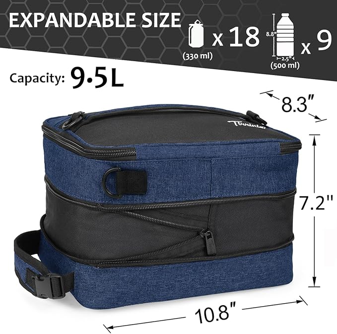 Tirrinia Expandable Insulated Lunch Bag for Men Women – Leakproof Reusable Cooler LunchBox for Kids & Adults with Shoulder Strap, Perfect for Work, School, Office, Travel,Dark Blue