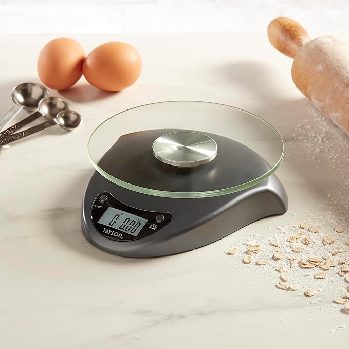 Taylor Digital Kitchen Scale with Glass Platform, Tare Button, and Plastic Body Weighs up to 11 Pounds Capacity, Silver