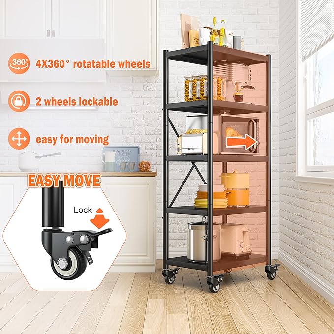 REIBII 5-Tier Storage Shelves with Wheels, Heavy Duty Wire Shelving Unit 1158LBS Capacity - Adjustable Feet for Kitchen, Pantry, Office Organization, Bathroom,15.6" D x23.5 W x63 H