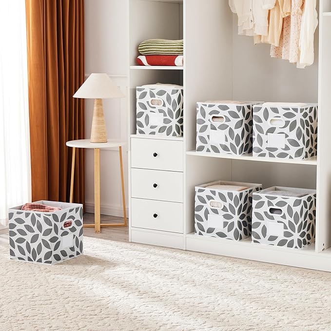 MAX Houser Fabric Storage Bins Cubes Baskets Containers with Dual Plastic Handles for Home Closet Bedroom Drawers Organizers, Flodable,Grey, Set of 6
