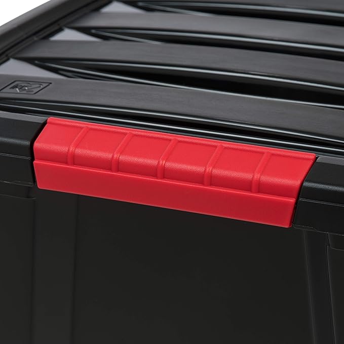 IRIS USA 32 Qt Stackable Plastic Storage Bins with Lids, 6 Pack - BPA-Free, Made in USA - Garage Organizing Solution, Latches, Durable Nestable Containers, Secure Pull Handle - Black