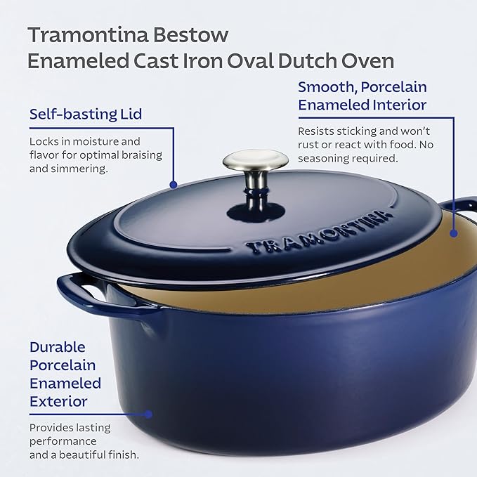 Tramontina Bestow Enameled Cast Iron Oval Dutch Oven Pot with Lid, Large 7-quart, Blue