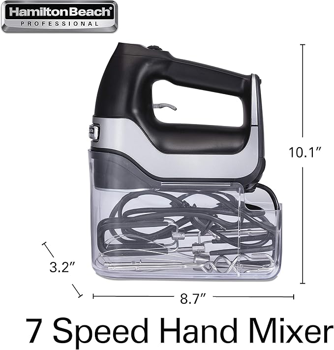 Hamilton Beach Professional 7-Speed Digital Electric Hand Mixer with High-Performance DC Motor, Slow Start, Snap-On Storage Case, SoftScrape Beaters, Whisk, Dough Hooks, Matte Black (62655)