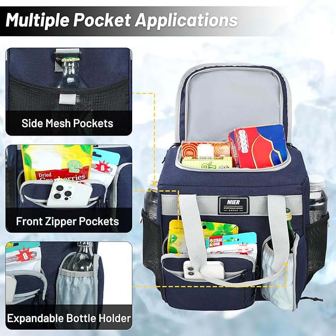 MIER Large Lunch Box for Men Women Adult Insulated Soft Sided Cooler 24 Can Leakproof Lunch Bag Collapsible for Work Travel Camping Beach, 15L (Blue-No Luggage Strap)