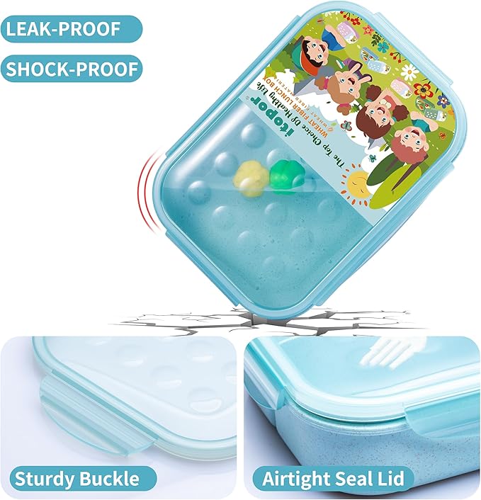 Wheat Straw Lunch Box, Leakproof Bento Box for Kids, BPA-Free Lunch Containers for Adults with 3 Compartments, Microwave Safe (Blue, Regular Size)