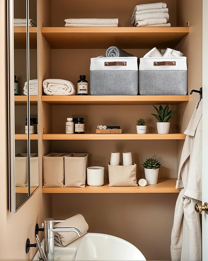 DECOMOMO Storage Baskets for Shelves - Fabric Storage Bins, Linen Closet Organizers and Storage (Grey & White, Large - 1 Pack)