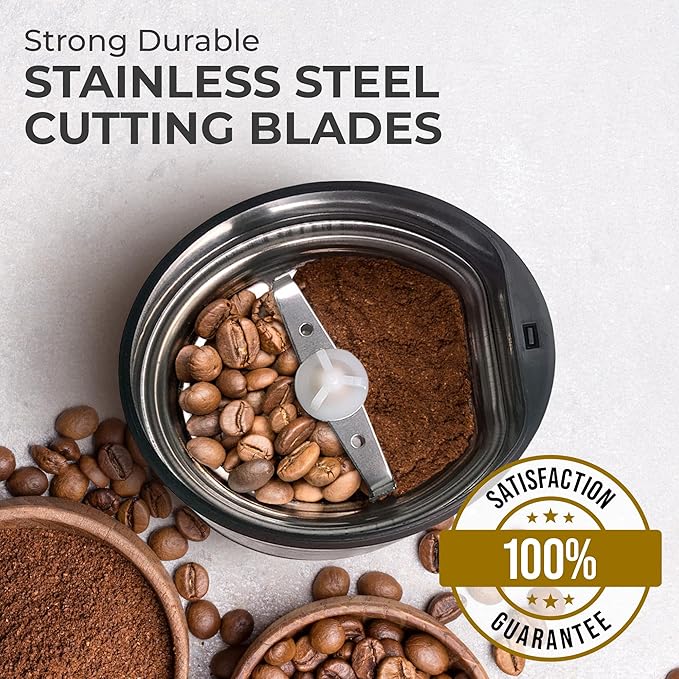 Kaffe One-Touch Coffee Grinder Electric w/Cleaning Brush (3 oz) - Stainless Steel - Coffee Grinders for Home Use - Up to 12 Cups of Coffee per Grind - Easy On/Off Coffee Bean Grinder - Copper