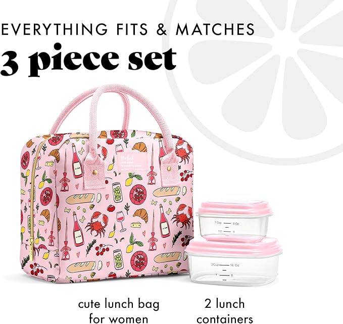 Fit & Fresh Bloomington Lunch Bag for Women - Insulated Large Lunch Box for Work with Containers, Leak-Resistant, Stain-Resistant, Zipper Closure, Pink Pasta Dinner