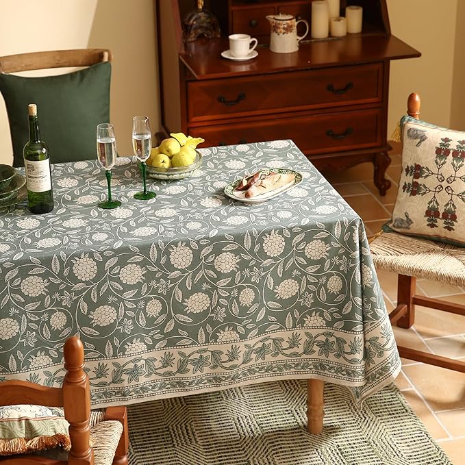 ISAENNE Designer Grayish Green Linen Long Rectangle Tablecloth,Floral Stain Resistant Table Cloth,Fall Vintage Decor Tablecloths for Dining Thanksgiving Kitchen Party,63"*102"-Andrew A