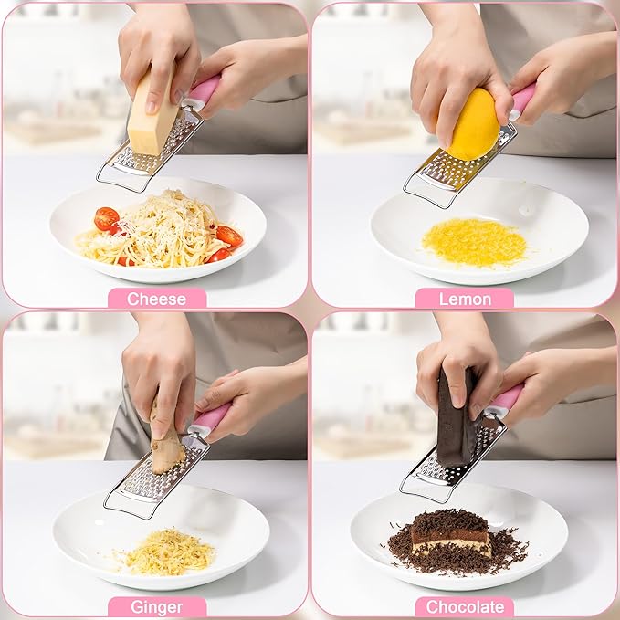 Rainspire Professional Cheese Graters for Kitchen Stainless Steel Handheld, Metal Lemon Zester Grater With Handle For Cheese, Chocolate, Spices, Kitchen Gadgets And Tools, Soft Grip Handle, Pink