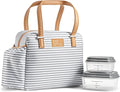 Fit & Fresh Insulated Leakproof & Stain-Resistant Large Lunch Box For Women With Expandable Bottle Pocket, Laketown Lunch Bag Gray Stripe