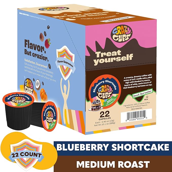 Crazy Cups Decaf Blueberry Coffee Pods, Single Serve Blueberry Shortcake Decaf Hot or Iced Coffee Cups for Keurig K Cups Machines, Flavored Pods (Pack of 1, 22 Count Total)