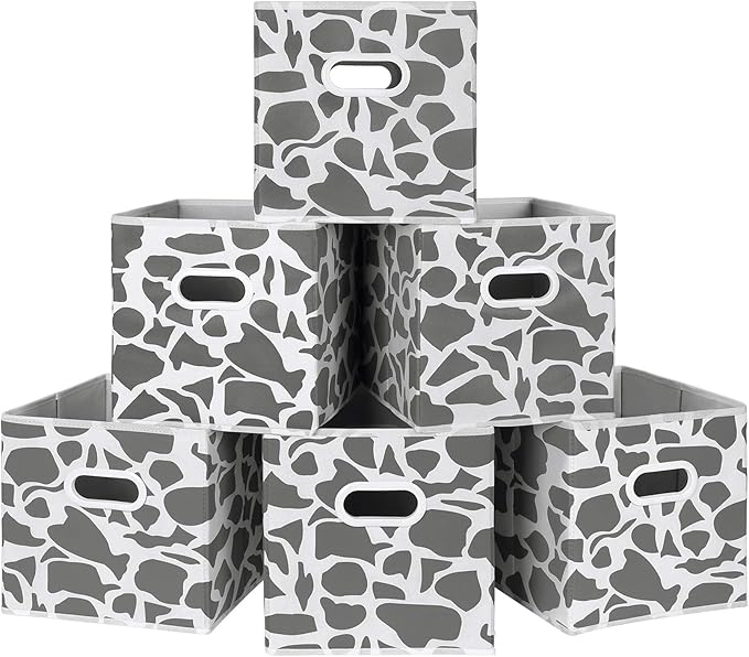 MAX Houser Fabric Storage Bins Cubes Baskets Containers with Dual Plastic Handles for Home Closet Bedroom Drawers Organizers, Flodable, Set of 6 (Grey1)