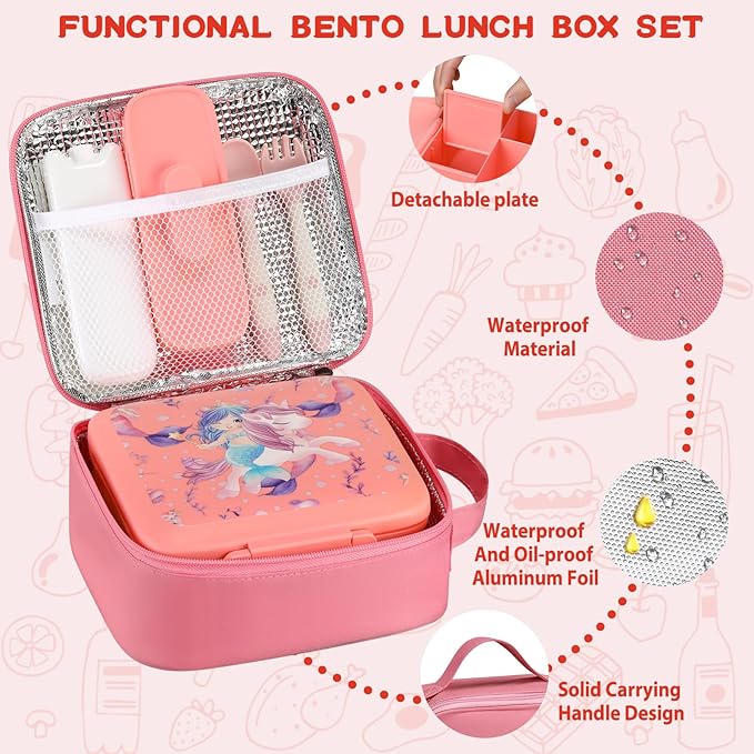 Bento Lunch Box for Kids With 8oz Soup Thermo,Leak-proof Lunch Containers with 5 Compartment,Thermo Food Jar and Lunch Bag, Food Containers for School (A-Pink（Unicorn - Mermaid）)