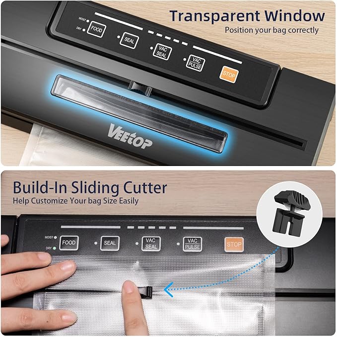 Veetop Vacuum Sealer, Automatic 80kPa Food Sealer Machine with Dry Moist Modes for Food Preservation,1 Vacuum Rolls & 10Pcs Vacuum Seal Bags
