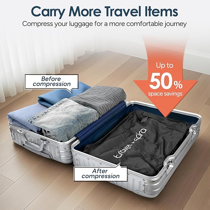 Vacuum Bags for Travel Luggage with Wireless Pump, Compression Bags for Carry On Suitcases and Backpack, Vacuum Seal Packing cube for Cloth Packing (2PC + PUMP)