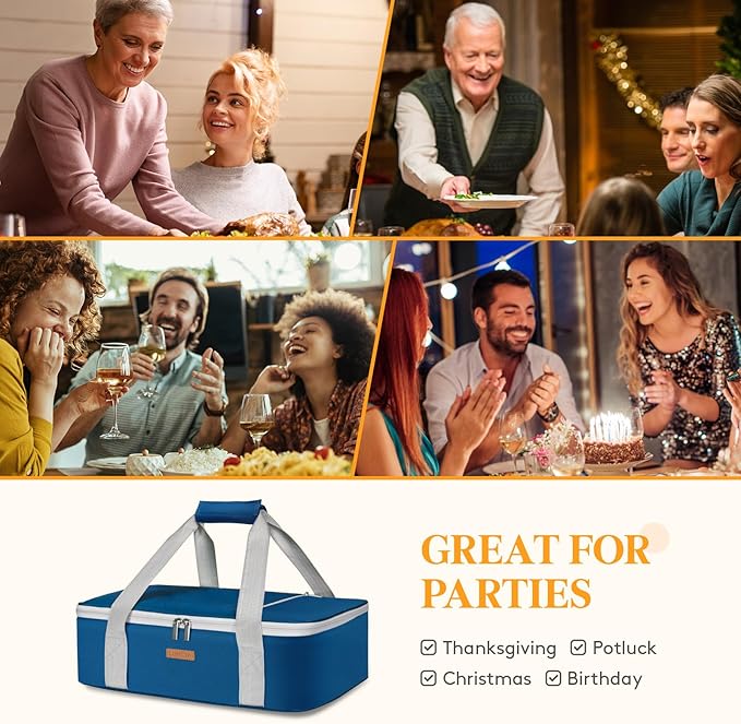 LUNCIA Insulated Casserole Carrier for Hot or Cold Food, Lasagna Lugger Tote for Potluck Parties/Picnic/Cookouts, Fits 9"×13" Baking Dish, Pure Blue