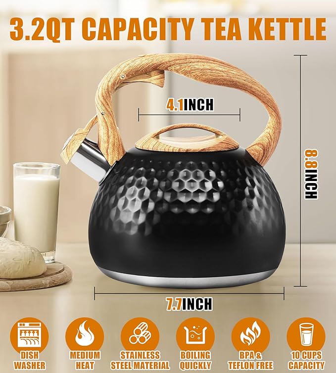 Tea Kettle 3.2Qt Stainless Steel Stovetop Whistling Pot with Heat-Resistant Handle, Fast Boiling Water for Home Kitchen, Induction Compatible & Rust-Proof - Black