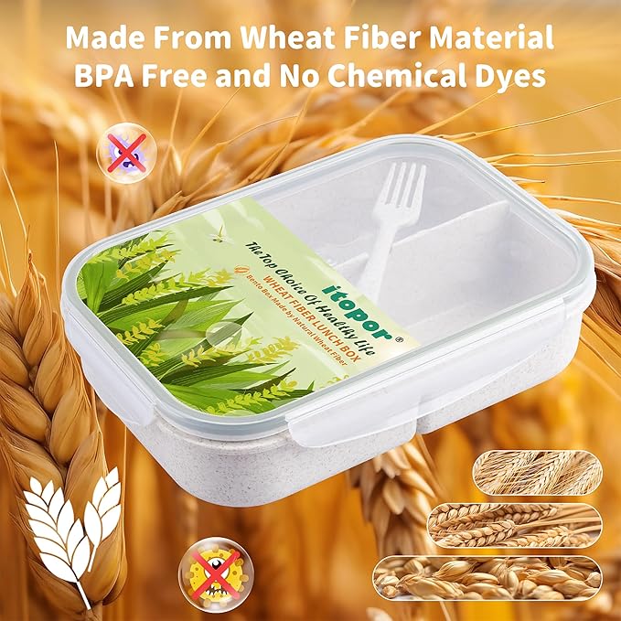 Wheat Straw Bento Box Adult, Leakproof Lunch Box Kids, BPA-Free Microwave Safe Lunch Containers with 3 Compartments (White, Regular Size)