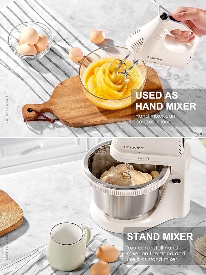 2 in 1 Hand Mixers Kitchen Electric Stand mixer with bowl 3 Quart, electric mixer handheld for Everyday Use, Dough Hooks & Mixer Beaters for Frosting, Meringues & More (White-S)