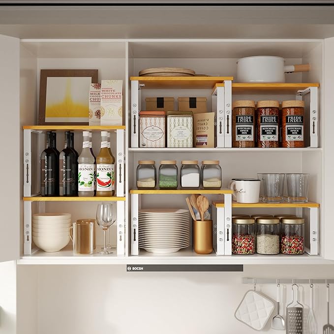 Adjustable Storage Shelves for Kitchen Cabinet Organization - Set of 2 Stackable Metal & Solid Wood Racks, Space-Saving Design for Countertop/Pantry/Garage, Easy Assembly(1 Pack/Large/White)