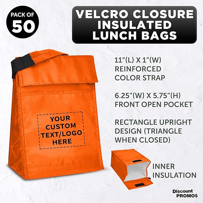 DISCOUNT PROMOS 50 Hook and Loop Insulated Lunch Bags Set - Customizable Text, Logo - Polyester, Durable, Vibrant, Reusable - Orange