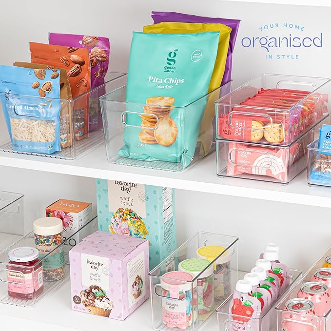 Plastic Food Storage 2 Pack Clear Container Bin with Handles for Organizing Kitchen, Pantry, Refrigerator, Freezer, Pantry, Cabinet, Closet, Bathroom. Stackable 10”x6”x3”