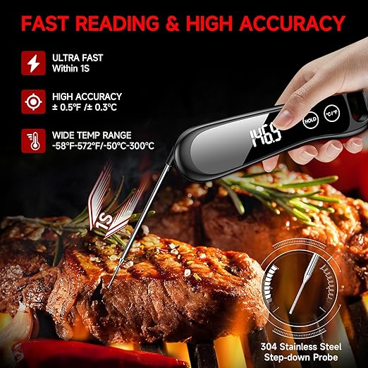 2025 Upgraded Meat Thermometer Digital-1 Second Instant Read Food Thermometer with Large LED Display-IP67 Waterproof Kitchen Thermometer for Grilling and Cooking for Oven, BBQ, Smoker, Candy, Turkey