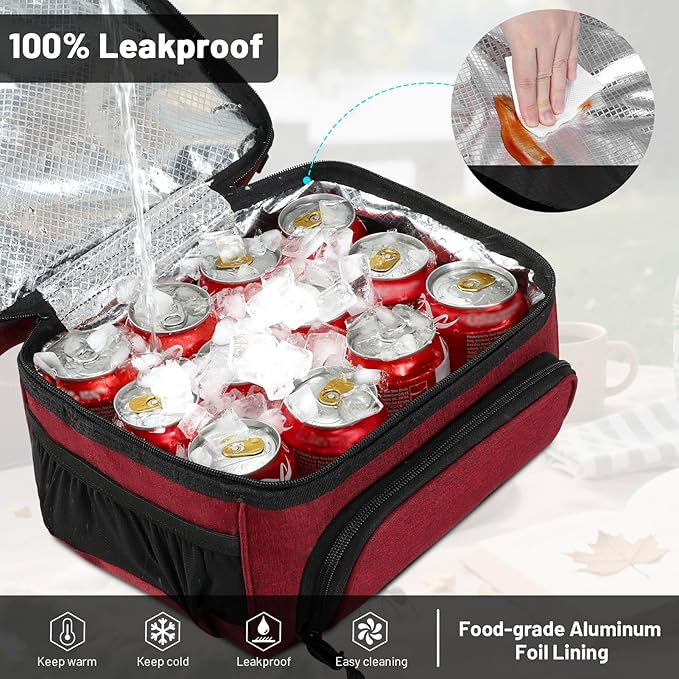 MIER Dual Compartment Lunch Bag Tote with Shoulder Strap for Men and Women Insulated Leakproof Cooler Bag, Dark Red