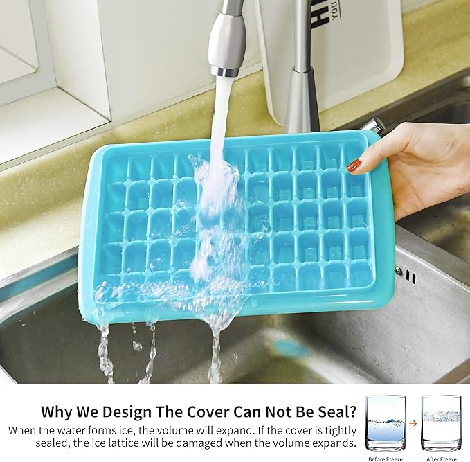 Ice Cube Tray with Lid and Bin for Freezer, Easy Release 55 Nugget Ice Tray with Cover, Storage Container, Scoop. Perfect Small Ice Cube Maker Tray & Mold. Flexable Durable Plastic, BPA Free