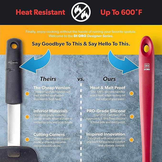 DI ORO Mini Spatula - Small Spatulas Silicone Heat-Resistant up to 600°F - Silicone Kitchen Scraper for Baking & Cooking BPA Free - Mixing Spatula Dishwasher Safe - Nonstick Cookware Safe (Red)