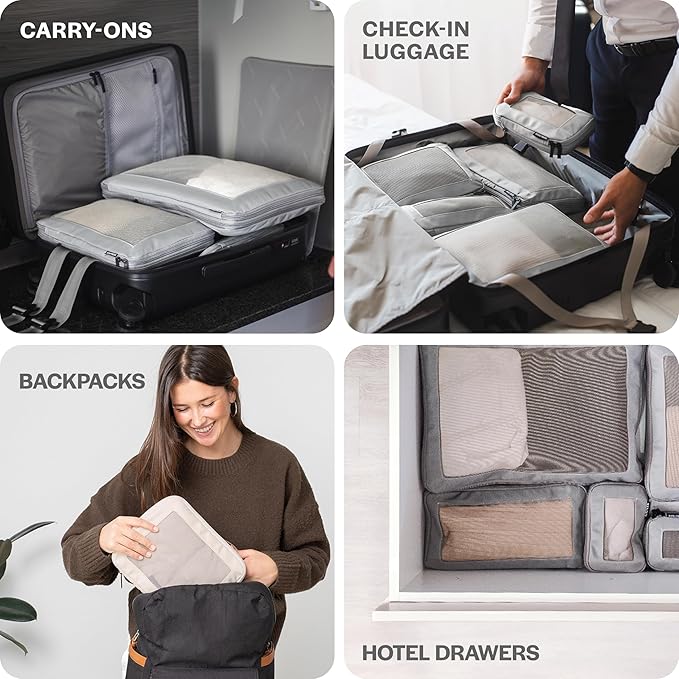 Aerotrunk Compression Packing Cubes for Travel - Luggage Organizer Bags - Double Zipper Packing Cubes for Suitcases (6-Pack, Light Grey)