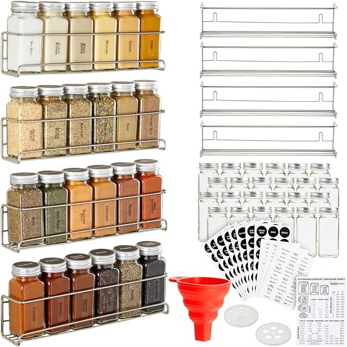 Talented Kitchen Spice Rack Organizer - 4 Stainless Steel Wall-Mounted Racks - 24 4 oz Glass Jars & 269 Preprinted Labels, Chrome - Kitchen & Cabinet Seasoning Organizer for Space Saving Spice Storage