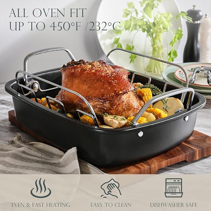 KITESSENSU Nonstick Turkey Roasting Pan with Rack 17 x 14 inch - Large Chicken Roaster Pan for Oven - Wider Handles & Heavy Duty Construction - Suitable for 24lb Turkey, Gold