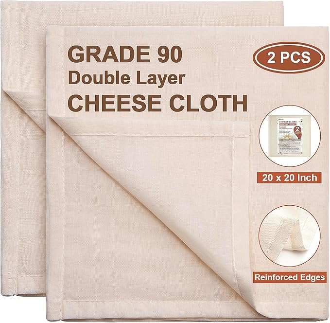 eFond Cheese Cloths, 2-Pack Double Layers, 20x20Inch Squares with Hemmed Edges, Grade 90 Reusable Cheesecloth for Straining, Unbleached Cotton Muslin Cloths for Cooking, Nut Milk, Butter & Baking