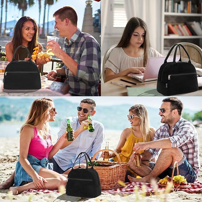 FlowFly Lunch Bag for Women Insulated Lunch Box Corduroy Lunch Tote Cooler for Travel Work Picnic,Corduroy Black