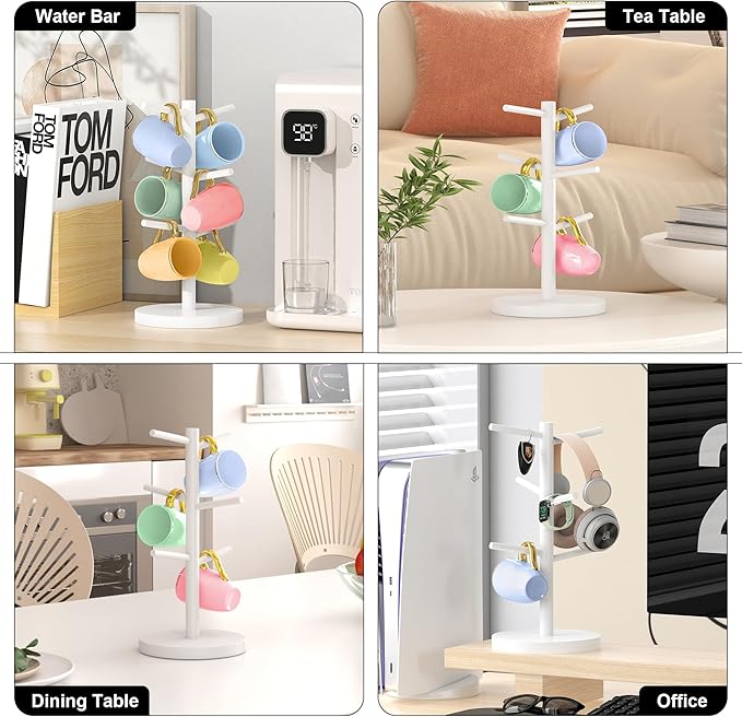 Wisuce White Coffee Mug Tree, Updated Thick Bamboo Mug Holder Base,Coffee Cup Stand Mug Holders with 6 Hooks for Countertop Organizer Stand