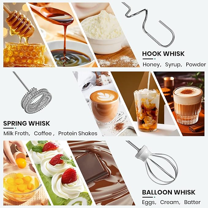 Milk Frother Handheld Rechargeable, Frother Wand Drink Mixer Electric Whisk for Coffee, Detachable With 3 Stainless Whisks, Hand Mixer for Lattes, Cappuccino, Matcha, Egg, No Stand, White