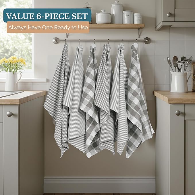 Casa Platino Hand Towels for Kitchen Set of 6 – 100% Cotton 18"x28" Kitchen Towels, Super Absorbent – Crafted for Farmhouse Charm, Drying Dishes, Or Entertaining Guests – Slate Grey