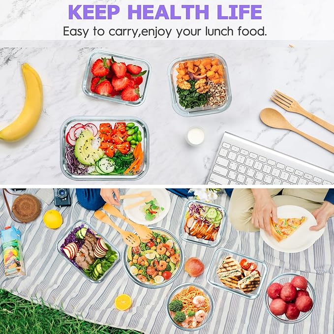 34pcs Glass Food Storage Containers with Lids Set, Airtight Glass Meal Prep Containers (17 Containers & 17 Lids), Leak Proof Lunch Container BPA-Free, Microwave, Oven, Freezer, Dishwasher Safe-Purple
