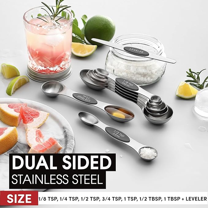 Spring Chef Stainless Steel Magnetic Measuring Spoons Set of 8 with Leveler, Dual Sided Metal Teaspoon & Tablespoon Measuring Spoons - Kitchen Gadgets For Baking and Cooking, Gray