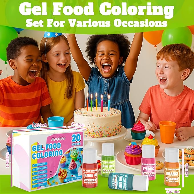 Gel Food Coloring - 20 Colors Gel Food Dye Set, Flavorless Vibrant Edible Concentrated Coloring for Christmas Baking, Cake, Cookie, Fondant, Icing, Macaron, Frosting - 0.45 Fl.Oz Bottles