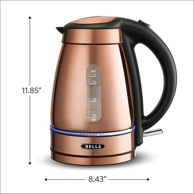 BELLA 1.7 Liter Electric Illuminated Glass Kettle, Quickly Boil Water for Tea, Coffee, Instant Soup and More, Safely Pour with Automatic Shut Off & Detachable Swivel Base, Chrome/Copper Finish