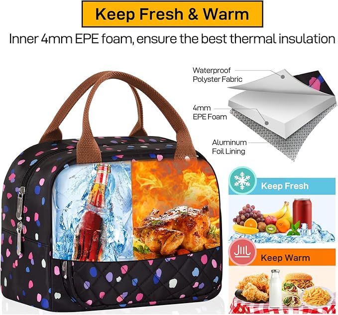 HOMESPON Lunch Bag for Woman Man Adults with Front Pocket Insulated Lunch Tote Lunch Box Container for Work Picnic or Travel(Multi Dots)