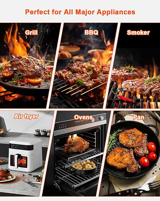 Wireless Meat Thermometer with Smart Timer & APP Control, 800ft Bluetooth Grill Food Thermometer - 0.19In-Ultra Thin Probe, ±0.5℉ Accuracy, Digital Backlit Screen for BBQ, Oven, Smoker, Kitchen