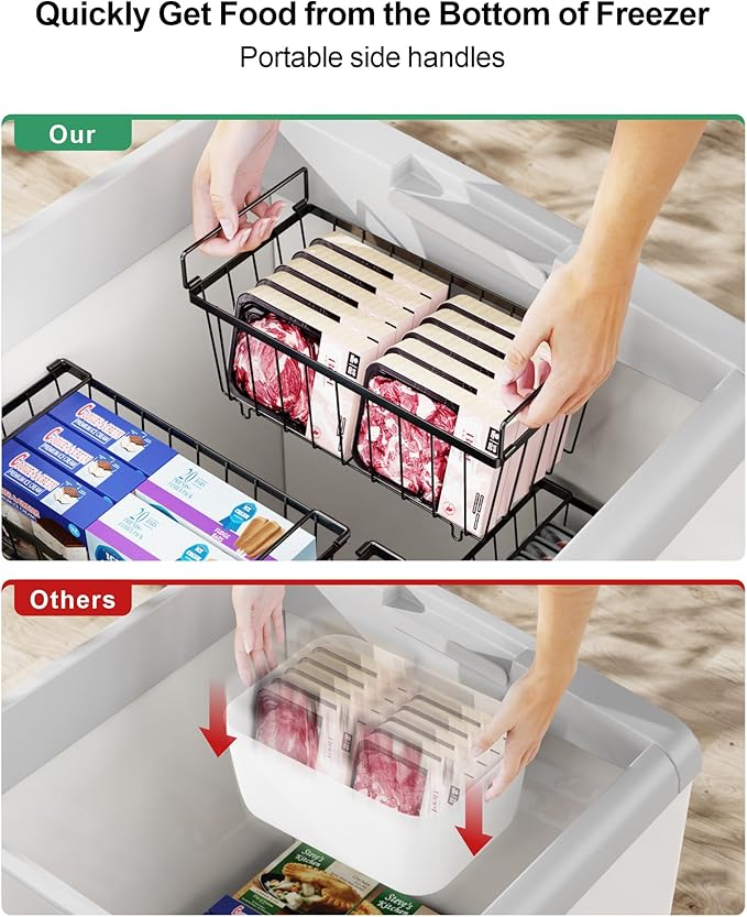iSPECLE Freezer Organizer Bins - 4 Pack Small Stackable Deep, Bins for 7 Cu.Ft, Easy Get Bottom Foods without Digging, Chest Freezer Organizer Prevent Frozen Food Waste, Black